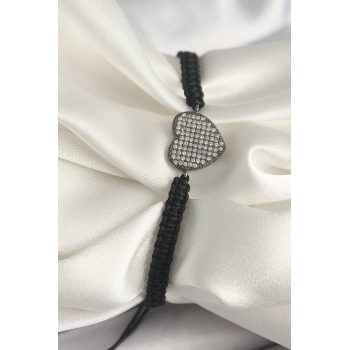 Pirinç Füme Renk Zirkon Taşlı Kalp Figür Asansörlü Makrome Model Kadın Bileklik