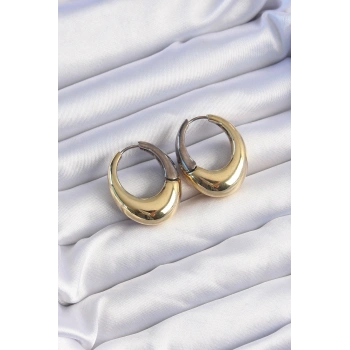 Pirinç Gold Gümüş Renkli Oval Bombeli Küpe
