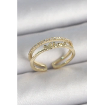 Pirinç Gold Renk 2Li Sıra Zirkon Taş Detaylı Kelebek Figürlü Ayarlanabilir Model Kadın Yüzük