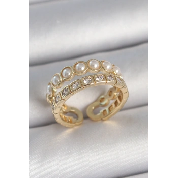Pirinç Gold Renk 2Li Zirkon Taşlı Ve İncili Ayarlanabilir Kadın Yüzük