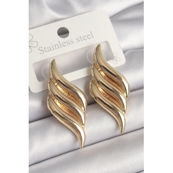 Pirinç Gold Renk 3 Sıra Dalga Model Kadın Küpe