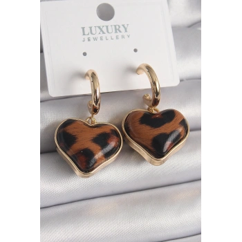 Pirinç Gold Renk 3D Kalp Leopar Desen Model Kadın Küpe