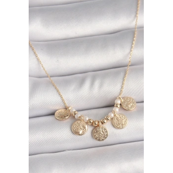 Pirinç Gold Renk 5Li Osmanlı Tuğra Figür İnci Detay Kadın Kolye