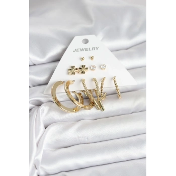Pirinç Gold Renk 6 Çift Kadın Küpe Seti
