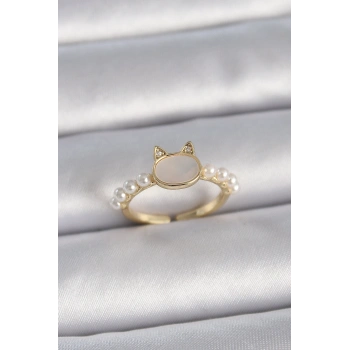 Pirinç Gold Renk Ayarlanabilir Beyaz Mineli Kedi Model İnci Detay Kadın Yüzük