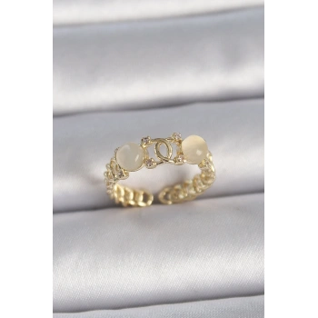 Pirinç Gold Renk Ayarlanabilir Zirkon Taşlı Beyaz Mineli Birleşik Halka Model Kadın Yüzük