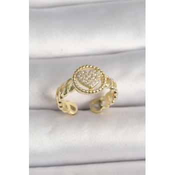 Pirinç Gold Renk Ayarlanabilir Zirkon Taşlı Kalp Model Kadın Yüzük