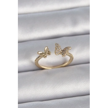 Pirinç Gold Renk Ayarlanabilir Zirkon Taşlı Kelebek Model Kadın Yüzük