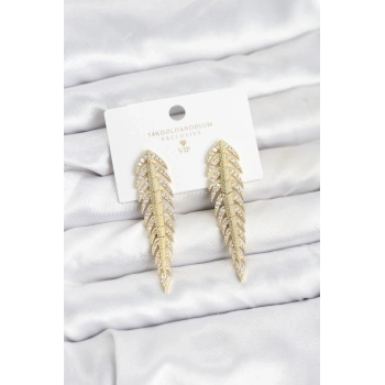 Pirinç Gold Renk Balık Sırtı Model Zirkon Taşlı Kadın Küpe