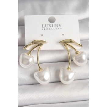 Pirinç Gold Renk Beyaz İnci Kiraz Model Kadın Küpe