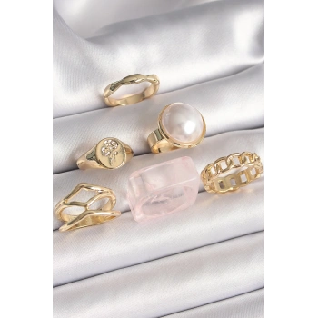 Pirinç Gold Renk Beyaz İncili Zincir Yüzük Figür İşleme Detay 6Lı Kadın Yüzük Seti