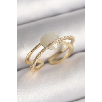 Pirinç Gold Renk Beyaz Kristal Kalp Model Zirkon Taş Detay Kadın Yüzük