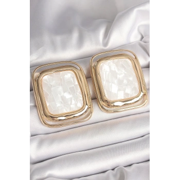 Pirinç Gold Renk Beyaz Mineli Kare Model Kadın Küpe