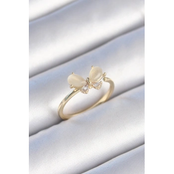 Pirinç Gold Renk Beyaz Mineli Zirkon Taşlı Kelebek Model Kadın Yüzük
