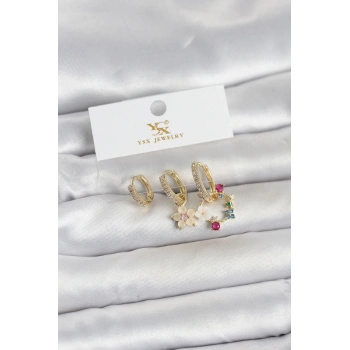 Pirinç Gold Renk Çiçek Model 3lü Kadın Küpe