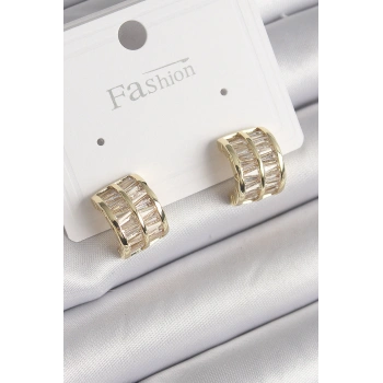 Pirinç Gold Renk Çift Sıra Zirkon Taşlı Kadın Küpe