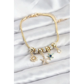 Pirinç Gold Renk Deniz Tema Charmlı Kadın Bileklik