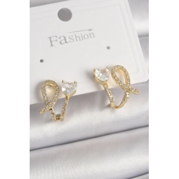 Pirinç Gold Renk Düğüm Model Zirkon Taşlı Kalp Detay Kadın Küpe