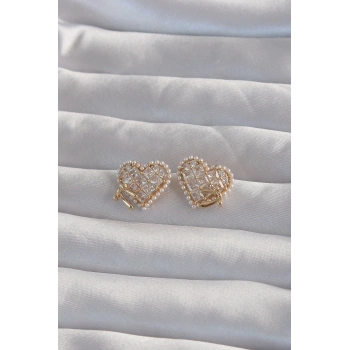 Pirinç Gold Renk Fiyonk Detay İncili Zirkon Taşlı Kalp Küpe