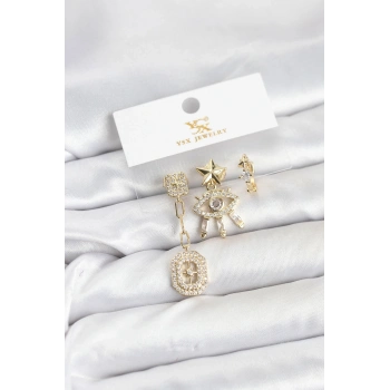 Pirinç Gold Renk Göz ve Kutup Yıldızı Model YSX Trio Küpe Seti