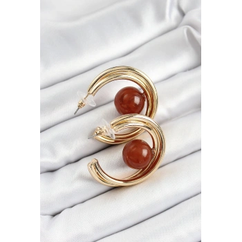 Pirinç Gold Renk Halka Model Kahverengi Boncuk Detay Kadın Küpe