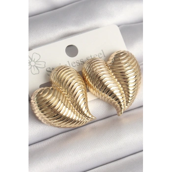 Pirinç Gold Renk İşlemeli Bomba Kalp Model Kadın Küpe