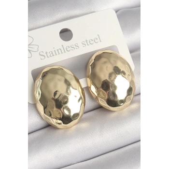 Pirinç Gold Renk İşlemeli Bombe Oval Model Kadın Küpe