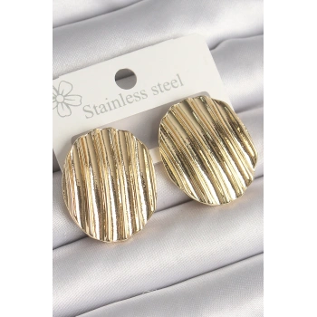 Pirinç Gold Renk İşlemeli Daire Plaka Model Kadın Küpe