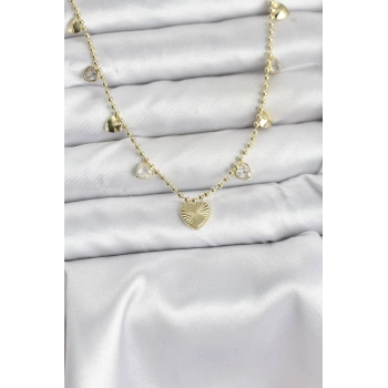 Pirinç Gold Renk Kalp Model Kadın Kolye