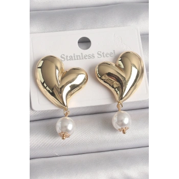 Pirinç Gold Renk Kalp Model Sallantı İnci Detay Kadın Küpe