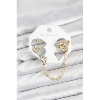 Pirinç Gold Renk Kalp Model Zincir Bağlantılı Ear Cuff Küpe Seti