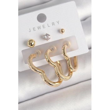 Pirinç Gold Renk Kalp Model Zirkon Taşlı Topçuk Detay Kadın Küpe Seti