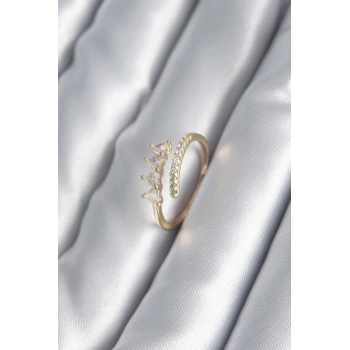 Pirinç Gold Renk Kalp Zirkon Taş Detay Kadın Yüzük