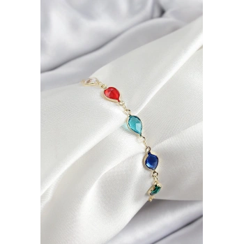 Pirinç Gold Renk Karışık Renk Damla Zirkon Taşlı Kadın Bileklik