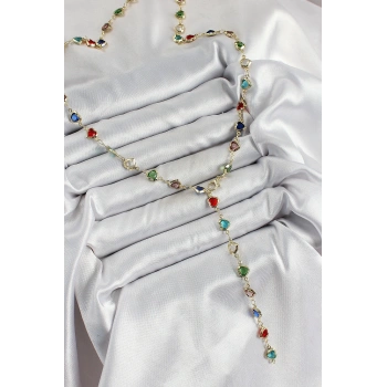 Pirinç Gold Renk Karışık Renk Zirkon Taşlı Kalpli Y Kadın Kolye