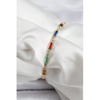 Pirinç Gold Renk Karışık Renkli Kare Zirkon Taşlı Kadın Bileklik