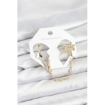Pirinç Gold Renk Kelebek Model Zincir Bağlantılı Ear Cuff Küpe Seti