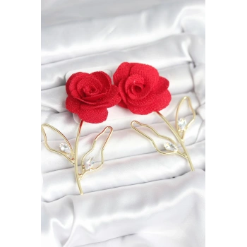 Pirinç Gold Renk Kırmızı Gül Model Kadın Küpe