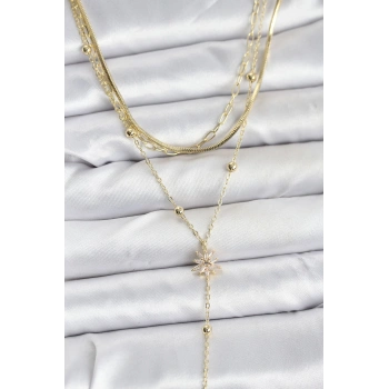 Pirinç Gold Renk Kutup Yıldızı Model Detaylı 3lü Kombin Y Kadın Kolye