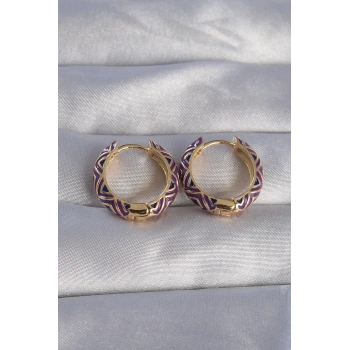 Pirinç Gold Renk Mor Etnik Desenli Halka Küpe