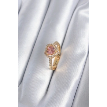 Pirinç Gold Renk Pembe Zirkon Taş Kalp Charm Model Kadın Yüzük