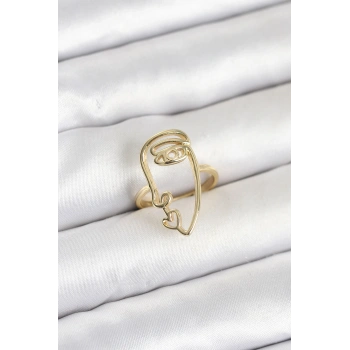 Pirinç Gold Renk Picasso Tarzı Tek Çizgi Yüz Model Kadın Yüzük