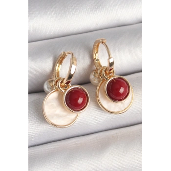 Pirinç Gold Renk Sallantı Beyaz Mineli Bordo Detay Kadın Küpe