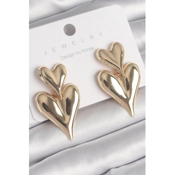 Pirinç Gold Renk Sallantı Kalp Model Kadın Küpe