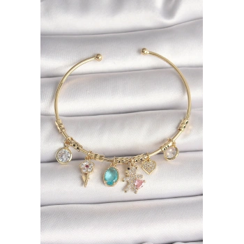 Pirinç Gold Renk Sallantı Zirkon Taşlı AYıcık Figür Kalp Detay Charm Kadın Bileklik