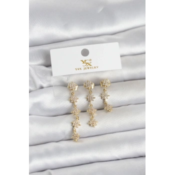 Pirinç Gold Renk Sıralı Kutup Yıldızı Model 3lü Kadın Küpe