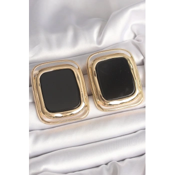 Pirinç Gold Renk Siyah Mineli Kare Model Kadın Küpe