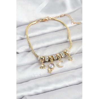 Pirinç Gold Renk Uzay Tema Charmlı Kadın Bileklik