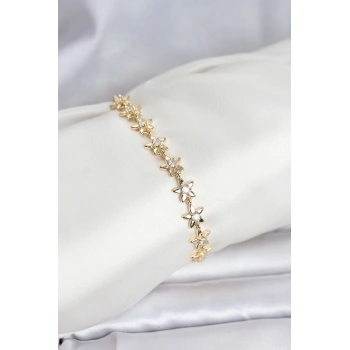 Pirinç Gold Renk VIP Seri Sıralı Taşlı Yıldız Model Zirkon Taşlı Kadın Bileklik