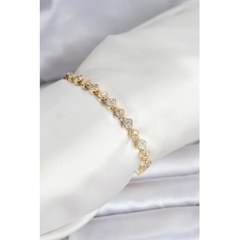 Pirinç Gold Renk VIP Seri Sıralı Yonca Model Zirkon Taşlı Kadın Bileklik